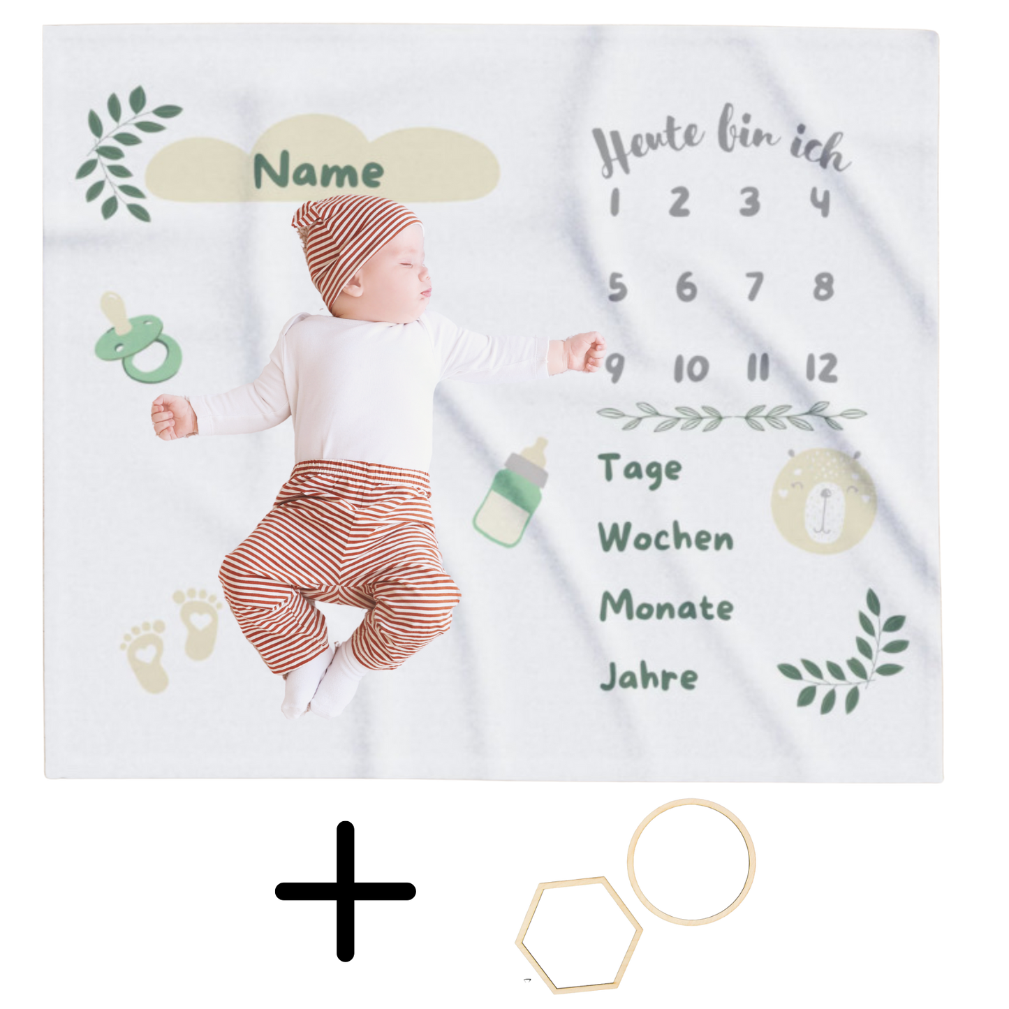 personalisierte Baby Meilensteindecke mit Holzrahmen