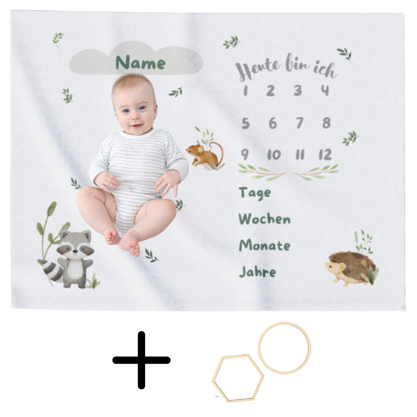 personalisierte Baby Meilensteindecke mit Holzrahmen