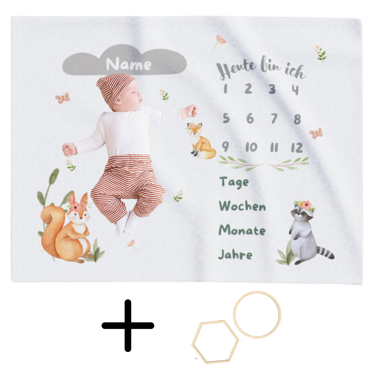Baby Meilensteindecke personalisiert mit Holz Rahmen