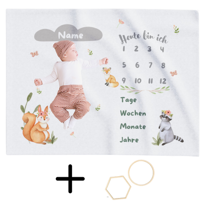 Baby Meilensteindecke personalisiert mit Holz Rahmen