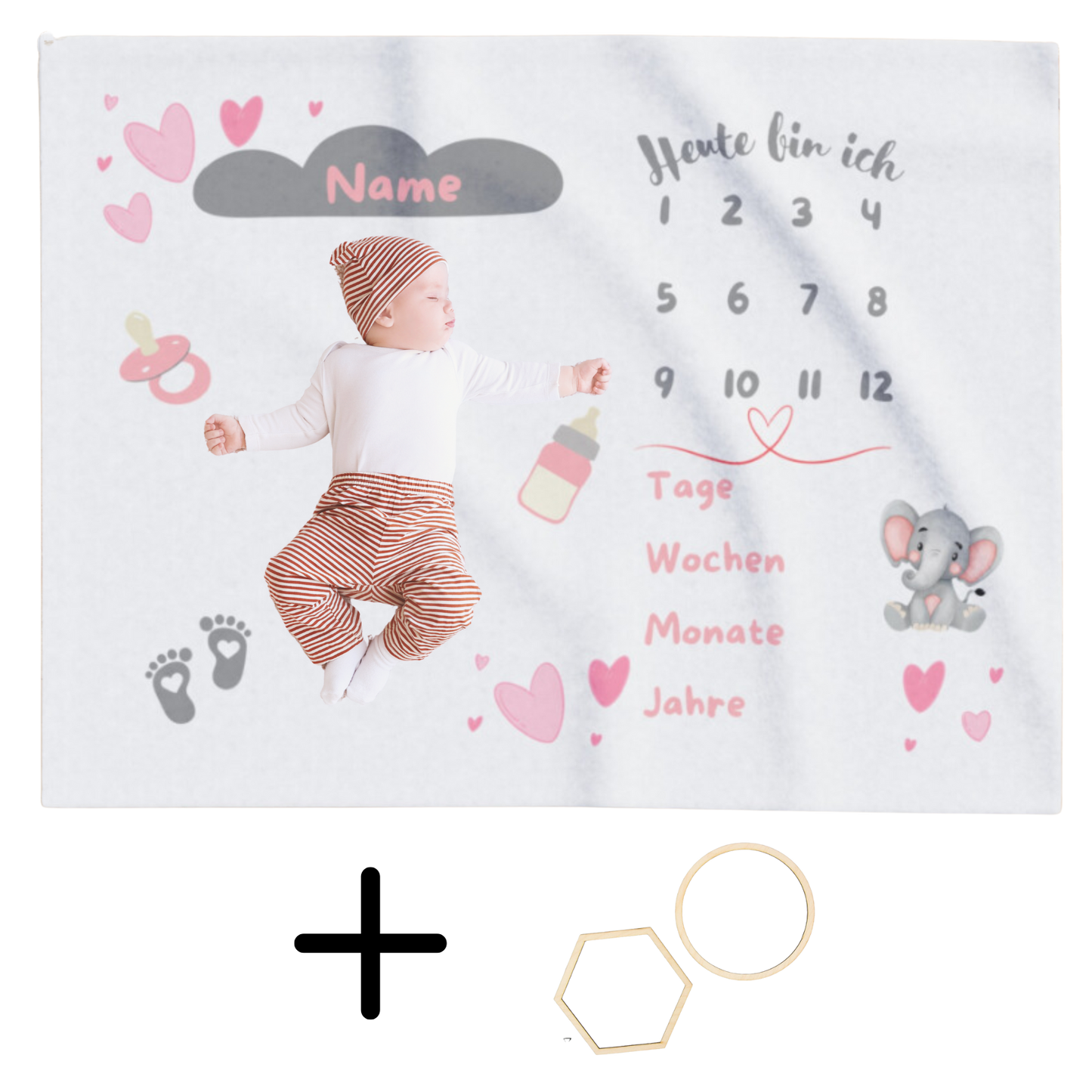 Baby Meilensteindecke personalisiert mit Holz Rahmen